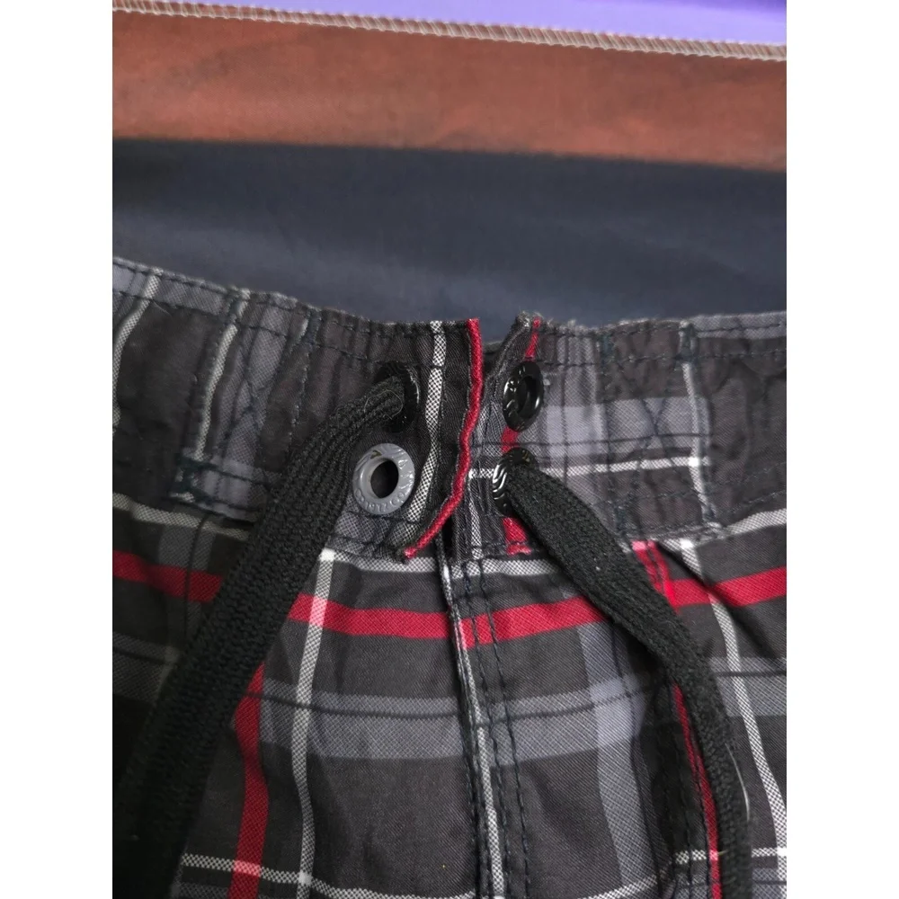 Op Ocean Pacific Men's Plaid Cargo Swim Trunks L Black/Red